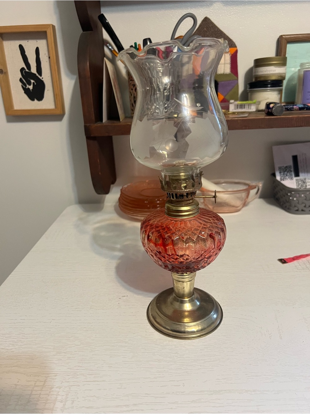 Red Glass Oil Lantern with Brass Accents - Home Accents